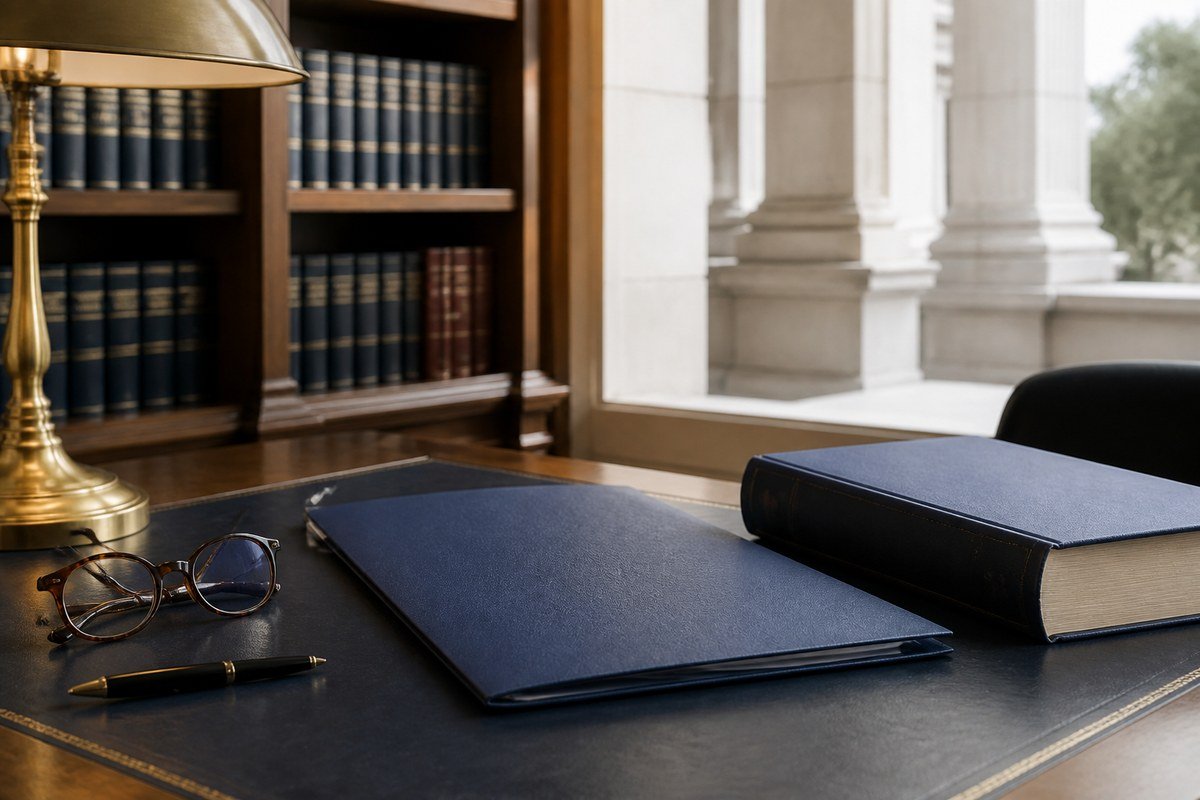 Mesa de estudo jurídico com pasta e livros sem dados pessoais